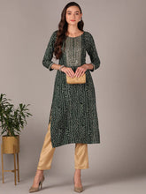 Women Green Viscose Rayon Bandhani Embroidered Straight Kurta